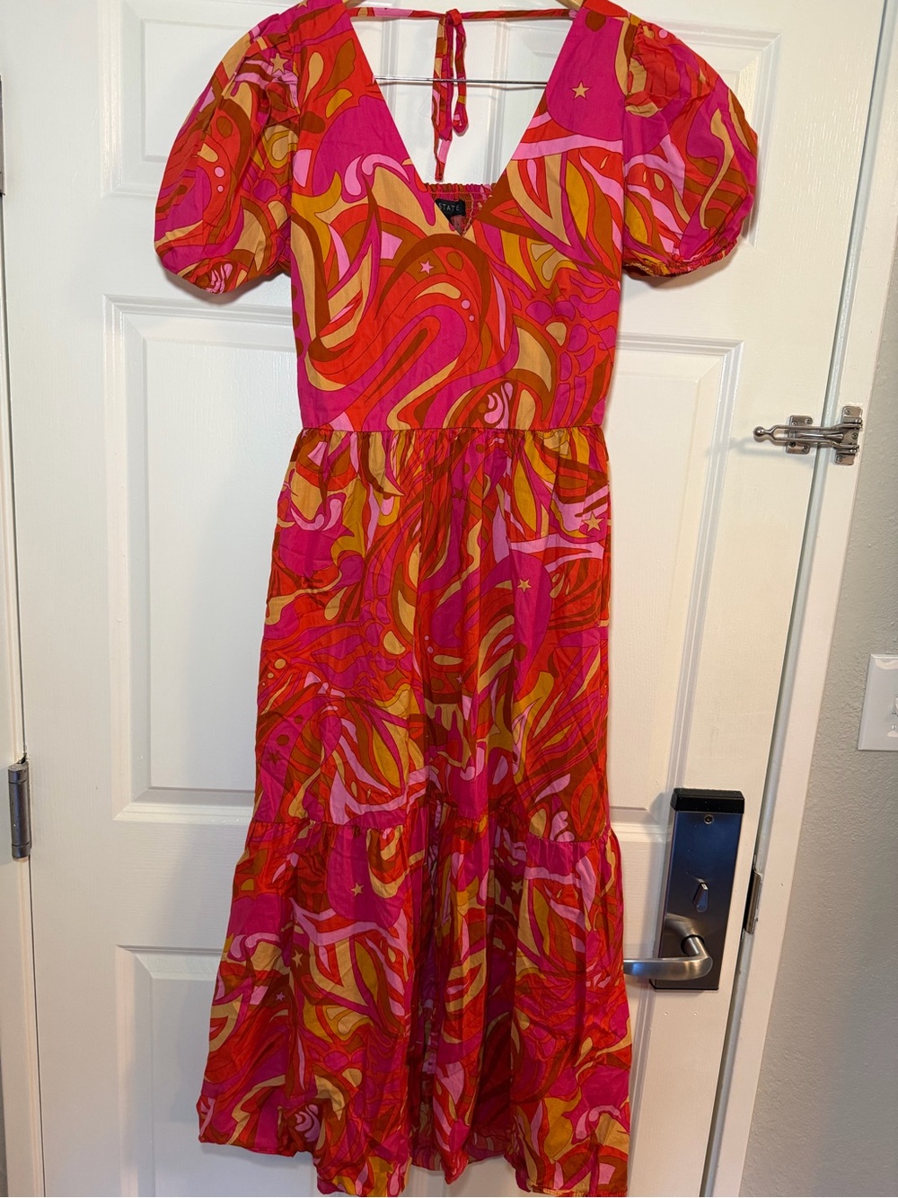 1. State Psychedelic Smocked Cutout Back Puff
Sleeve Maxi Dress- Size L